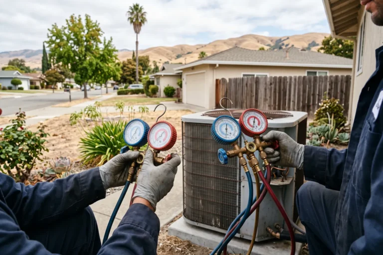 Technician checking refrigerant pressure on an outdoor AC unit