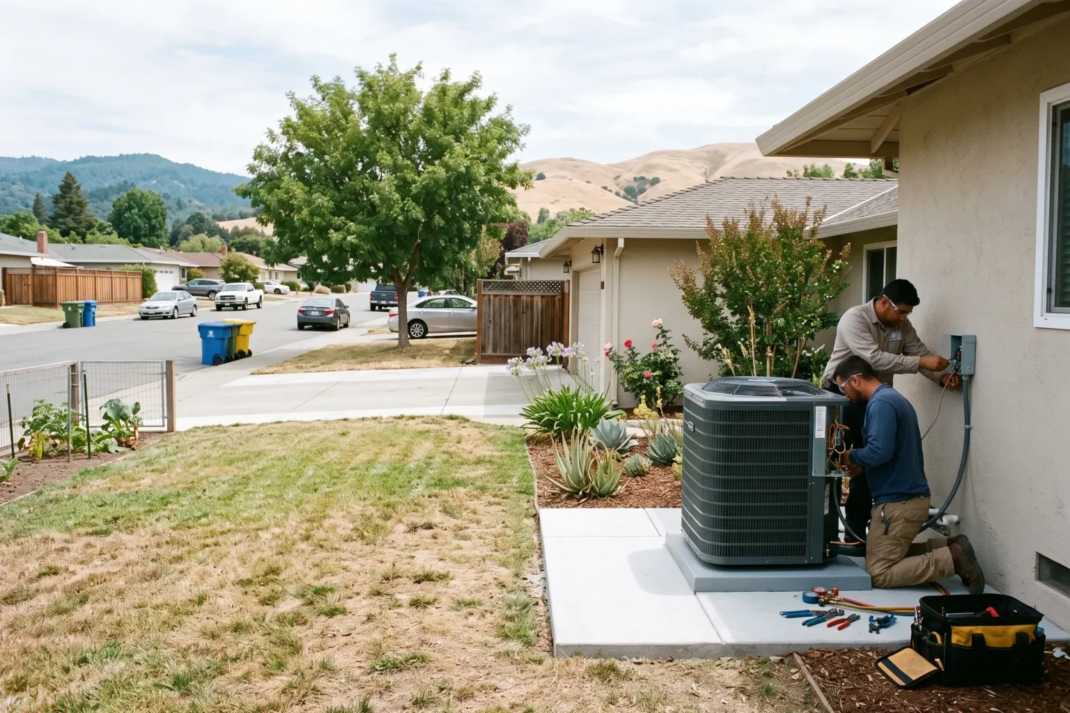 Technicians installing a new outdoor air conditioning unit beside a home